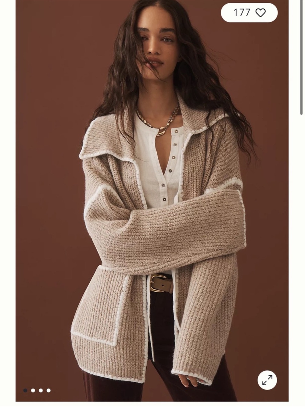 Anthropologie Taupe Open-Front Ribbed Cardigan with Cream Trim